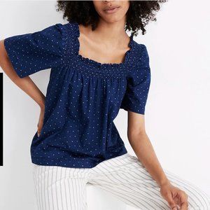 Madewell Indigo Square-Neck Smock Top in Rainbow Heart Large